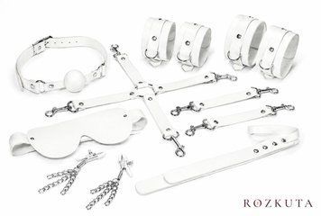 Набір Feral Feelings BDSM Kit 7 White, наручники, поножі, конектор, маска, падл, кляп, затискачі SX3982 фото