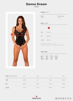 Мереживне боді Obsessive Donna Dream crotchless teddy XL/2XL Black, відкритий доступ SO8635 фото