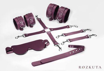 Набір Feral Feelings BDSM Kit 5 Burgundy, наручники, поножі, хрестовина, маска, падл SO8274 фото