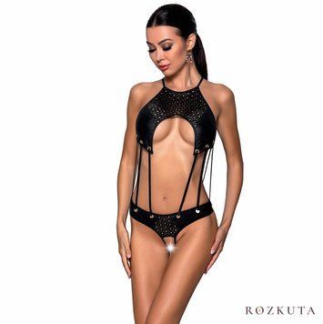 Боді з відкритим доступом Passion TASMINA BODY L/XL black, екошкіра, шнурівки, ажурні мережива SO8488 фото