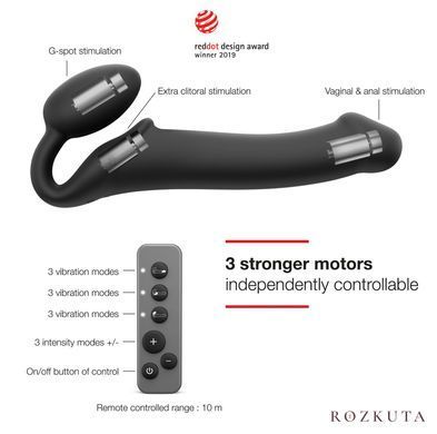 Безремінний страпон з вібрацією Strap-On-Me Vibrating Black L, діаметр 3,7см, пульт ДК, регульований SO3829 фото