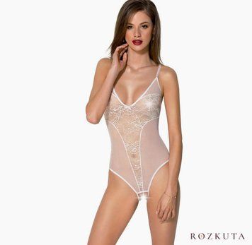 Боді з ажурним декором та відкритим кроком Passion URSULA BODY L/XL, white SO5832 фото