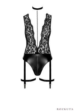 Боді Noir Handmade F297 Libido, M, чорне, мереживо, низ під латекс, відкритий доступ, гартери SX0220 фото