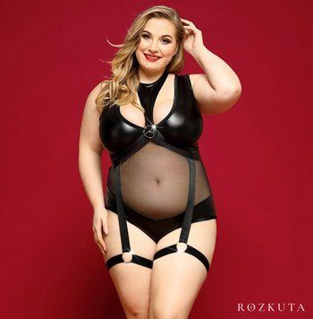 Елегантне боді з екошкіри JSY &laquo;Спокуслива Морган&raquo; Plus Size, Black, сітка, портупея з гартерами SO8379 фото